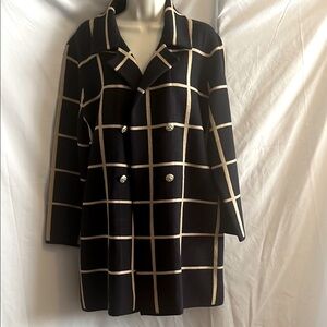 Anne Klein Notched Collar Navy and Tan Plaid Sweater Coat